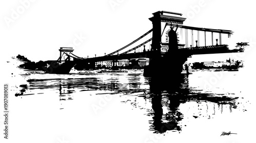 Black and white ink illustration of a suspension bridge with water reflection and a city