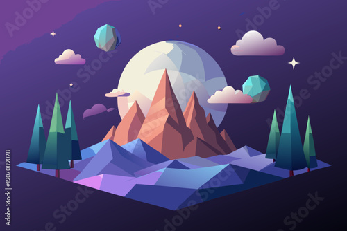 A dramatic low poly mountain vista dominates the background behind jagged rock formations and pointed evergreen trees under a massive white moon.