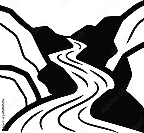 Stylized black and white depiction of a winding river flowing through mountainous terrain