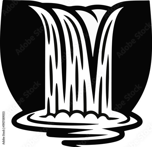 Stylized black and white waterfall cascading into rippling water