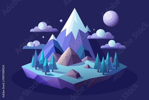 Stylized low poly mountain range floats in a dark, starry night sky above a small island featuring evergreen trees and soft clouds.