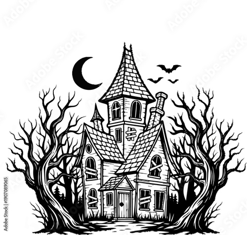 Spooky haunted house with bare trees, crescent moon, and bats in night sky