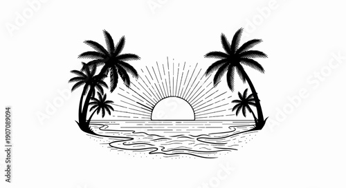 Stylized black and white depiction of a tropical beach scene with palm trees and a sunburst