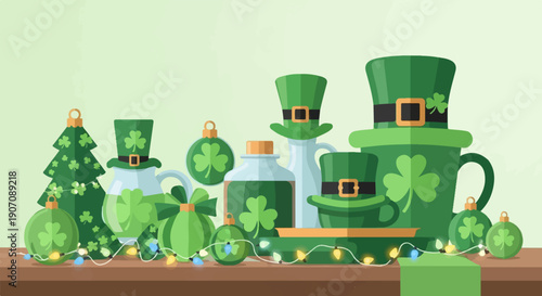 St. Patrick's Day themed green decorations, including hats and shamrocks