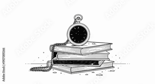 Stack of books with a pocket watch and chain, illustration