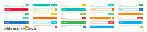 Various search bar templates. Internet browser engine with search box, address bar and text field. UI design, website interface element with web icons and push button. Vector illustration