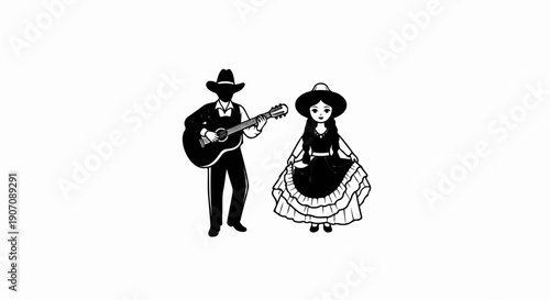 Stylized cartoon of a man playing guitar and a woman in a ruffled dress