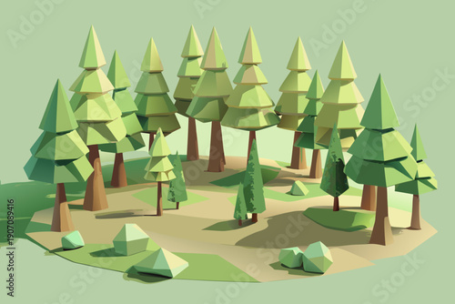 Collection of low polygon evergreen trees stands clustered upon a light green ground plane next to scattered geometric rocks under soft, diffuse daylight illumination.