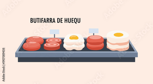 Stacked circular food items and fried egg-like shapes presented on a tray