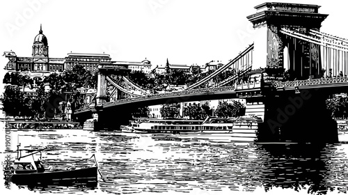 A black and white cityscape featuring a river, bridge, boats, and architecture
