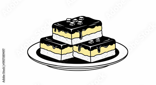 Stacked frosted dessert squares with small topping pieces on a plate