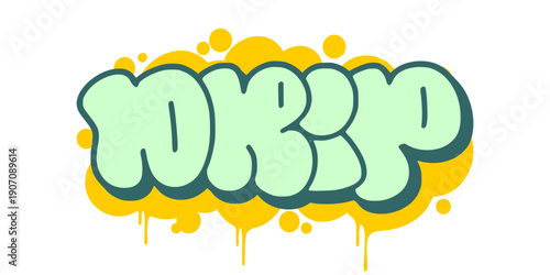 Drip graffiti throw up bubble letter design. Pale green and yellow street art illustration with dripping paint effect for urban clothing and stickers. High quality vector.