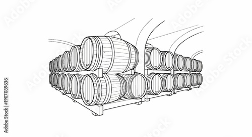 Stacks of wooden barrels in arched cellar