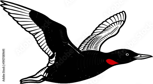 Stylized black bird with red throat patch and white-tipped wings in flight