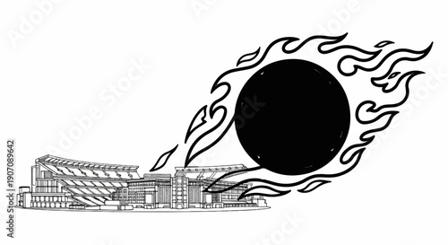 Stadium outline with fiery celestial body