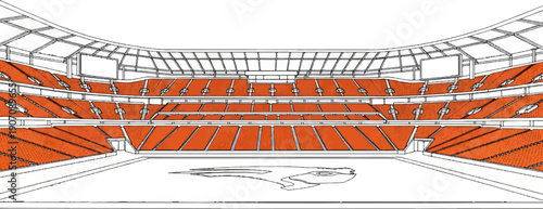 Stadium interior with orange seats and field logo