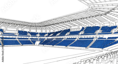 Stadium interior with many blue seats in rows under a white roof structure