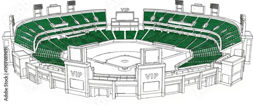 Stadium seating with green seats and VIP areas, baseball field schematic