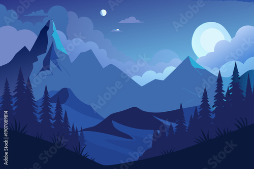 Serene mountain landscape at dusk with moonrise and silhouetted trees