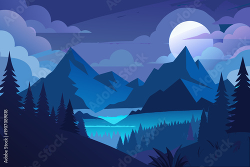 Serene mountain landscape with moonlit night sky and tranquil lake