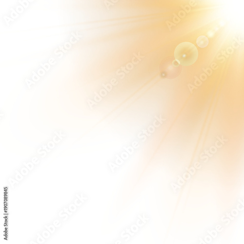Golden sun flare PNG with warm halo glow, shimmering rays and transparent cutout for premium light overlays and cinematic sky visuals
