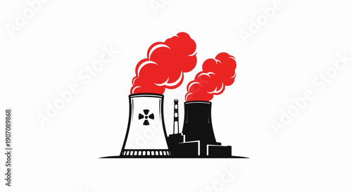 Stylized industrial cooling towers with red steam emissions