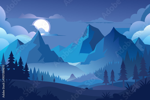 Serene mountain landscape with moonlit sky and silhouetted trees