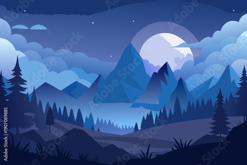 Serene nighttime mountain landscape with moonlit peaks and silhouetted trees