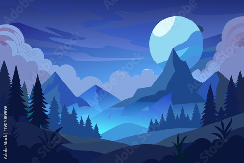 Moonlit mountain landscape at night, featuring towering peaks, dense pine forests, and a luminous full moon casting a magical blue glow over the serene valley, creating a tranquil and mystical.
