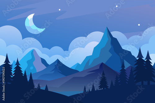Serene mountain landscape at night with moonlit sky and silhouetted trees