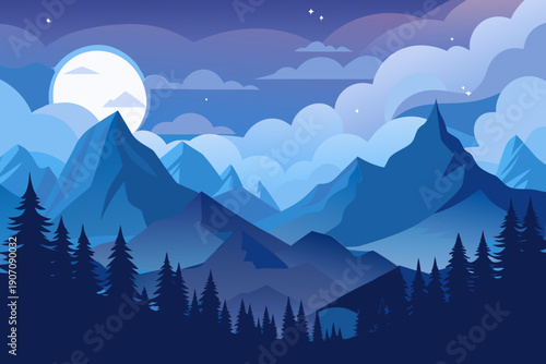 Majestic moonlit mountains with silhouetted trees under starry sky