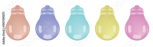 Five pastel colored light bulbs arranged in a row on white background pink yellow blue