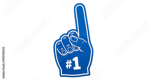 Blue foam finger with number one symbol for victory and success in sports and business