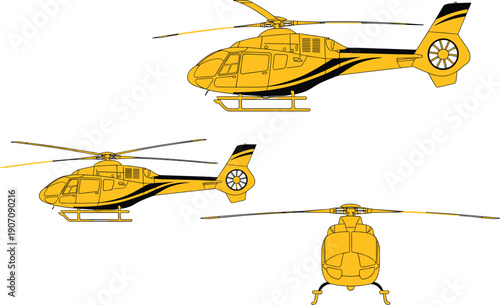 Yellow helicopter technical vector illustrations featuring side and front views of a modern twin engine utility chopper for aviation industry transport and rescue branding