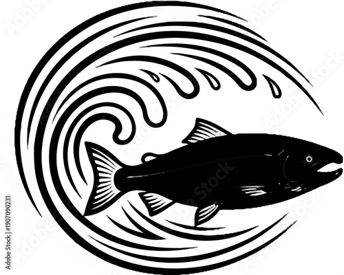 Stylized black fish swims through black abstract waves in a circular design