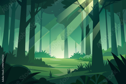 Serene forest landscape with sunbeams filtering through trees