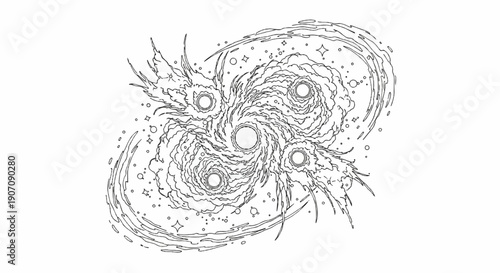 Stylized drawing of swirling cosmic clouds with celestial bodies