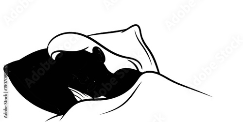 Stylized black ink drawing of a sleepy creature tucked in white bedding