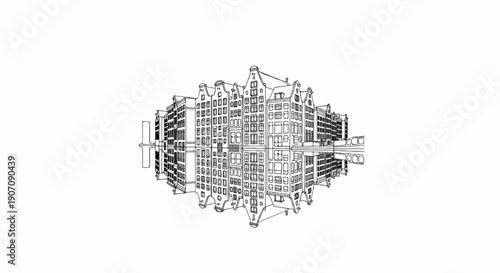 Stylized drawing of narrow, tall canal houses reflected in water