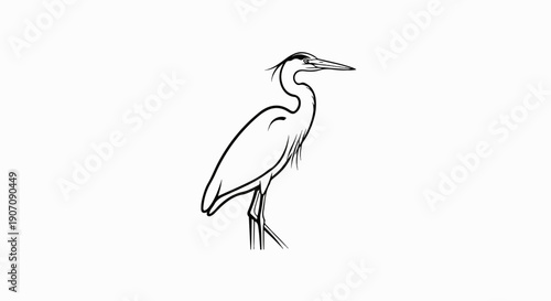 Stylized black ink illustration of a heron standing on thin legs