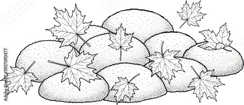 Stylized heap of autumnal maple leaves scattered on rounded mounds
