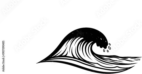 Stylized black ink wave crashes with spray against a white background