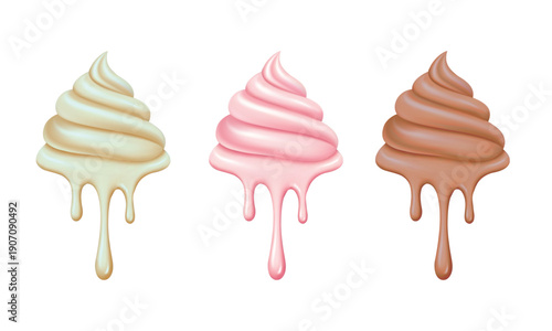 Three soft serve ice cream swirls in vanilla pink and chocolate flavors dripping