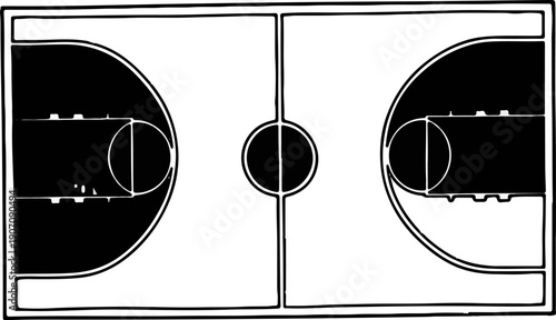 Stylized black and white graphic of a basketball court