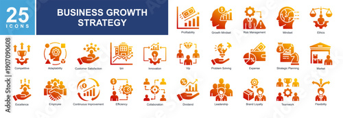 Business growth icon pack featuring innovation,profitability,efficiency,teamwork,adaptability,strategy,risk management,branding,collaboration,performance,and market success for modern business project