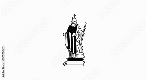 Stylized black and white depiction of a robed figure holding a staff