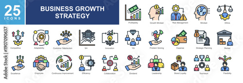 Business growth icon pack featuring innovation,profitability,efficiency,teamwork,adaptability,strategy,risk management,branding,collaboration,performance,and market success for modern business project