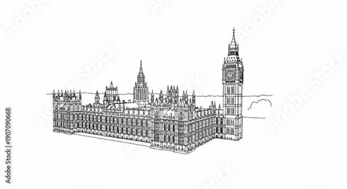 Stylized line drawing of a grand gothic-style building with a tall clock tower