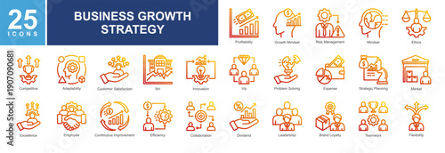 Business growth icon pack featuring innovation,profitability,efficiency,teamwork,adaptability,strategy,risk management,branding,collaboration,performance,and market success for modern business project