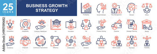Business growth icon pack featuring innovation,profitability,efficiency,teamwork,adaptability,strategy,risk management,branding,collaboration,performance,and market success for modern business project